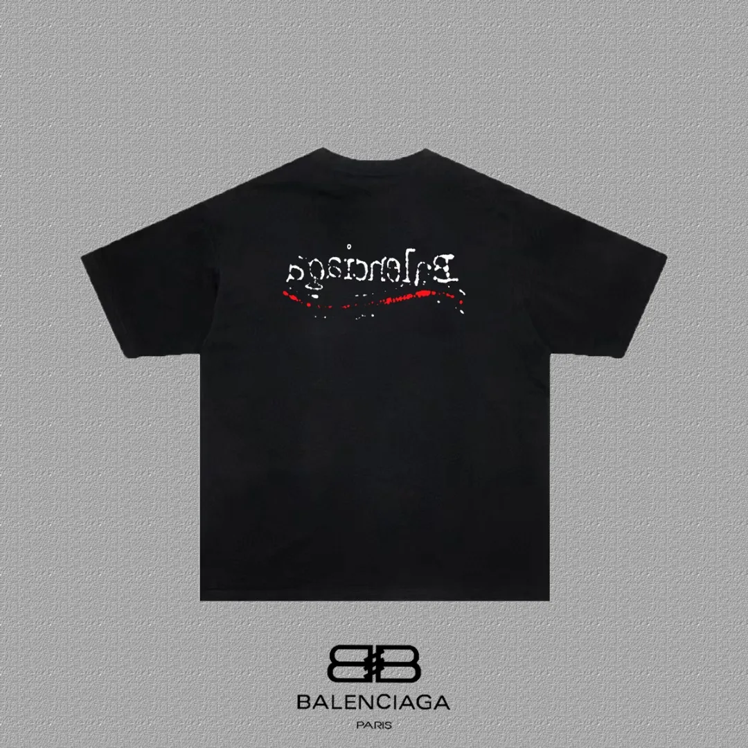 P80✨🔥 BALENCIAGA Paris lettering printed short-sleeved T-shirt, custom-woven and dyed 280g combed cotton heavyweight fabric, zero color difference in thread, perfect details, different from the current version on the market, welcome to compare, Same Style for men and women, must-sell in the picture above Color: White Black Size: 1 2 3 4